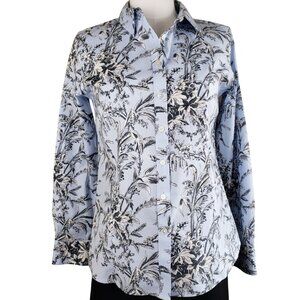 Talbots Non-Iron Fitted Cotton Toile Print Button Shirt Size 6 Light Blue Black
